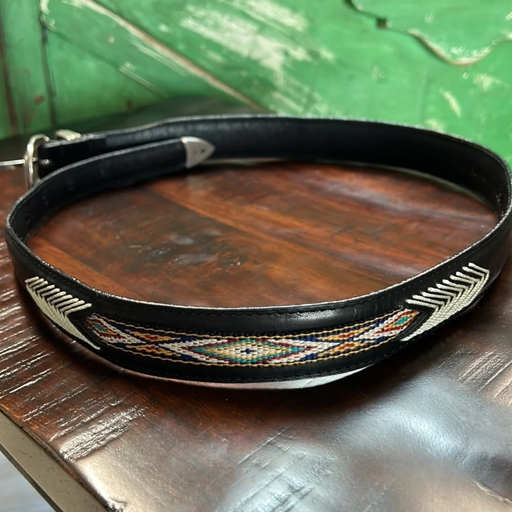 Woolrich black western leather belt with embroidered detail and silver accents M